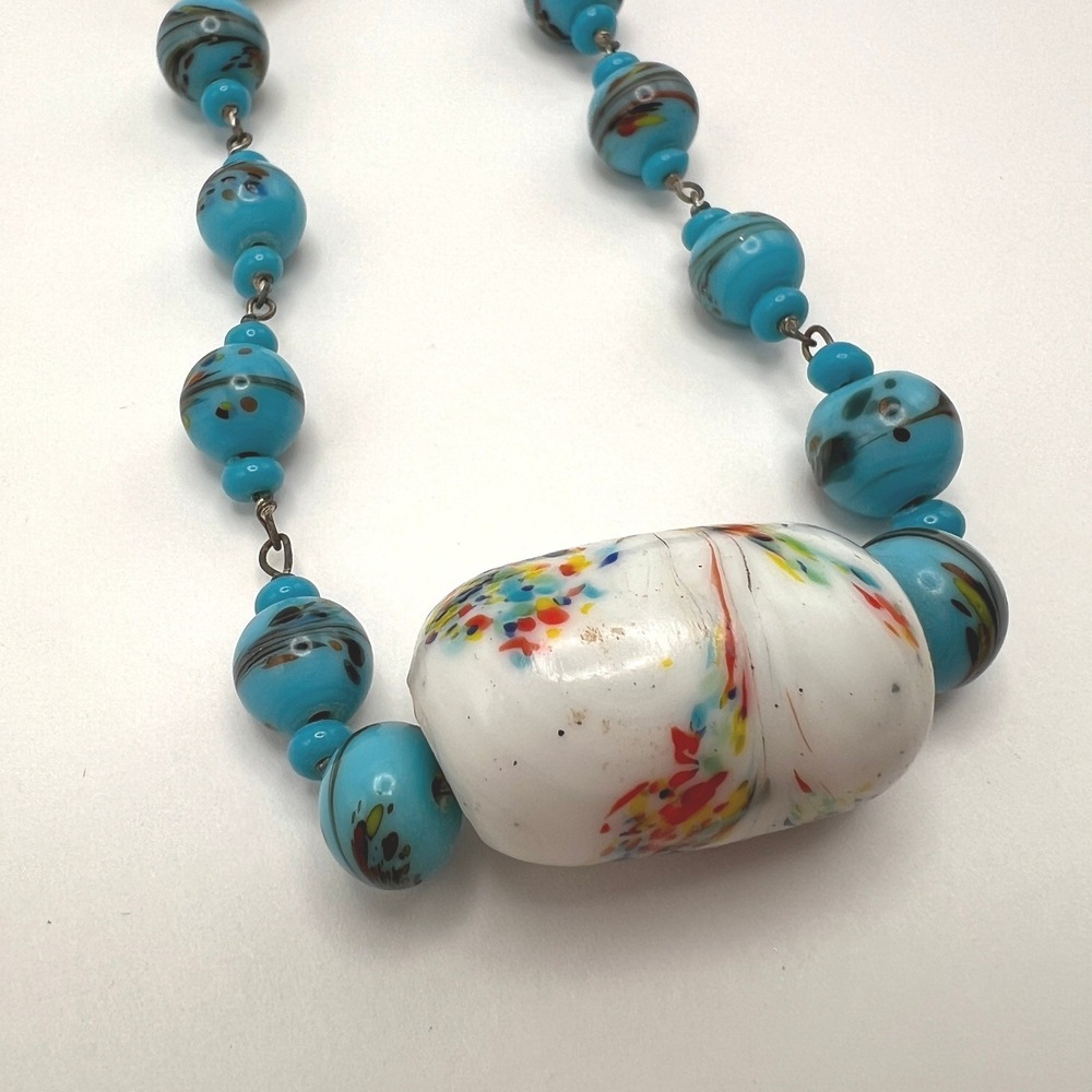 Vintage Beaded Necklace Ceramic Blue Lampwork Confetti